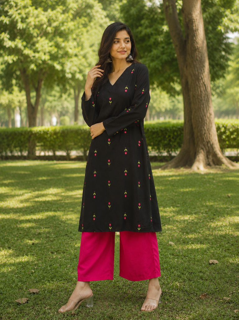Stylum Women's Black Floral Printed Rayon A-Line Kurta With Palazzo (KPBLACKHEAT)