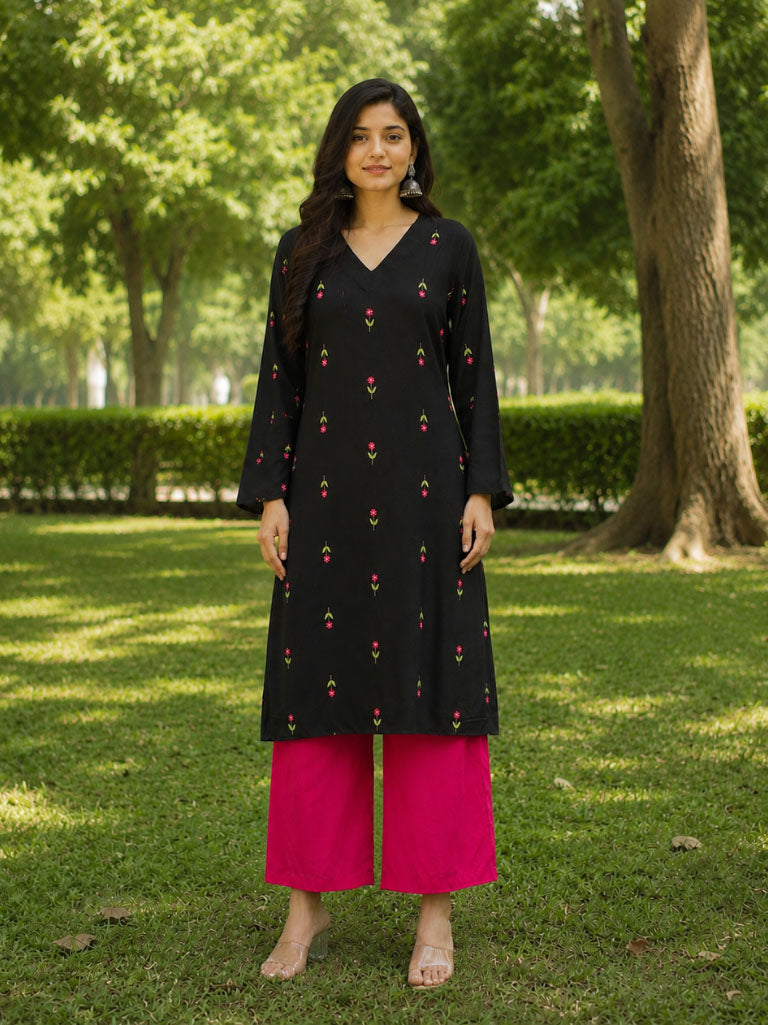 Stylum Women's Black Floral Printed Rayon A-Line Kurta With Palazzo (KPBLACKHEAT)