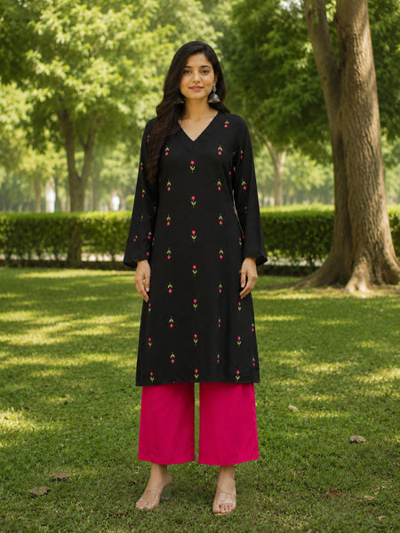 Stylum Women's Black Floral Printed Rayon A-Line Kurta With Palazzo (KPBLACKHEAT)