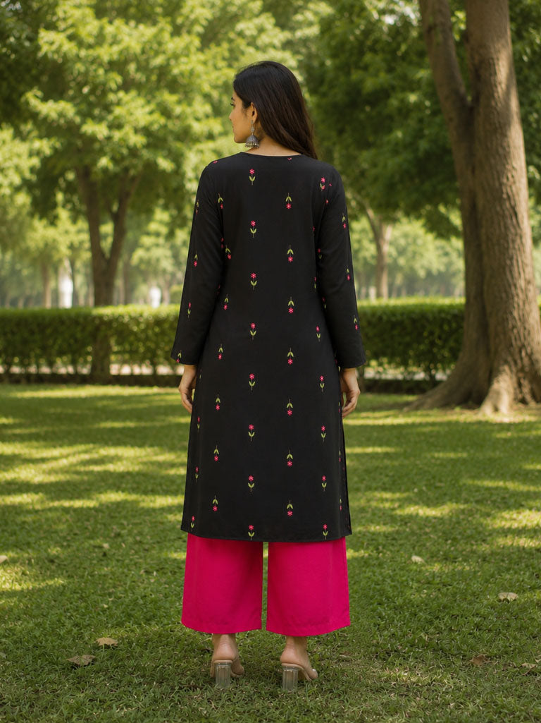 Stylum Women's Black Floral Printed Rayon A-Line Kurta With Palazzo (KPBLACKHEAT)