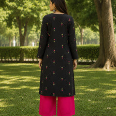 Stylum Women's Black Floral Printed Rayon A-Line Kurta With Palazzo (KPBLACKHEAT)
