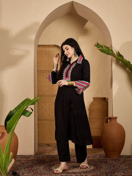 Stylum Women's Balck Solid & Embroidered Rayon A-Line Kurta Pant Set (KPBLACKIDAL)