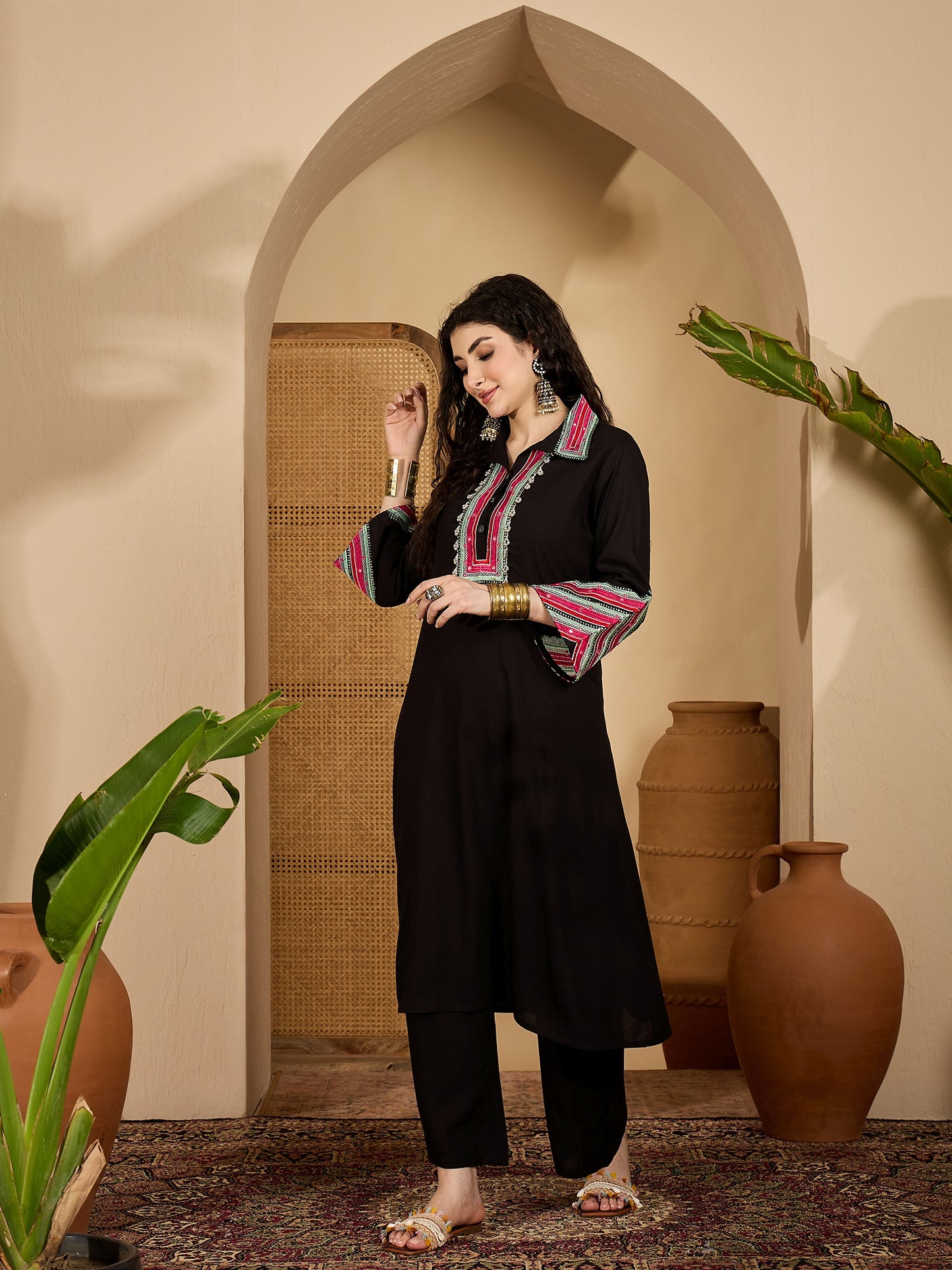 Stylum Women's Balck Solid & Embroidered Rayon A-Line Kurta Pant Set (KPBLACKIDAL)