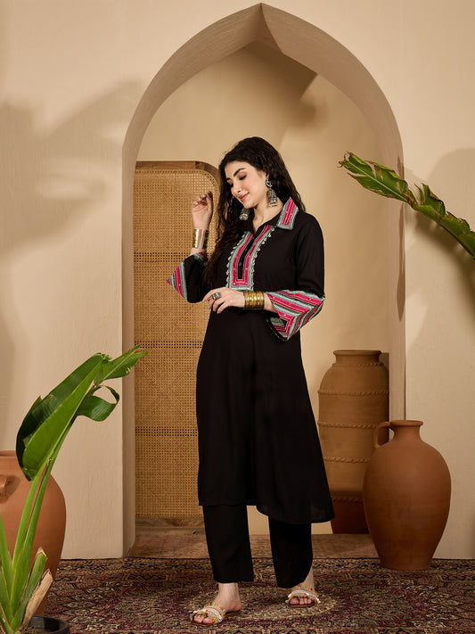 Stylum Women's Balck Solid & Embroidered Rayon A-Line Kurta Pant Set (KPBLACKIDAL)