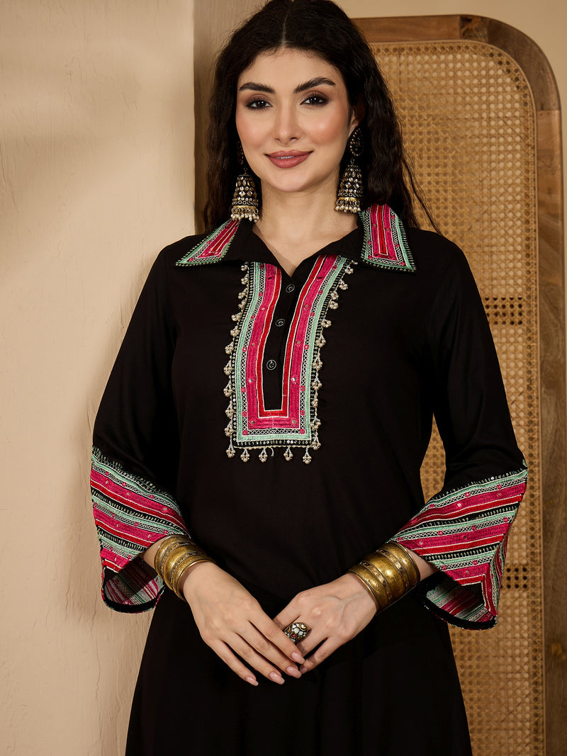 Stylum Women's Balck Solid & Embroidered Rayon A-Line Kurta Pant Set (KPBLACKIDAL)