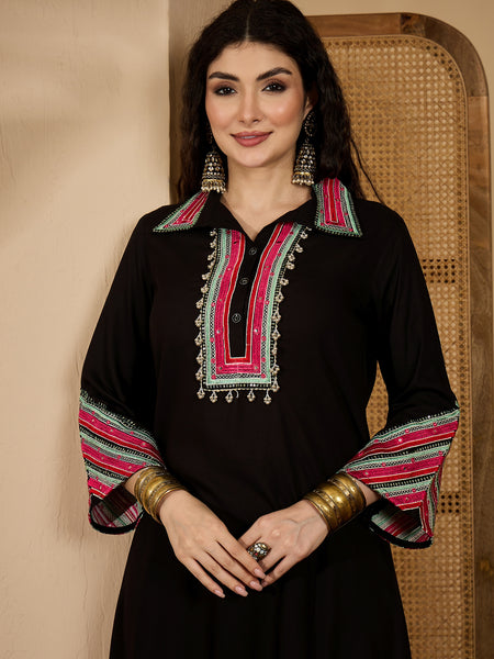 Stylum Women's Balck Solid & Embroidered Rayon A-Line Kurta Pant Set (KPBLACKIDAL)