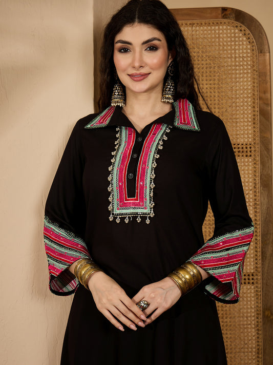 Stylum Women's Balck Solid & Embroidered Rayon A-Line Kurta Pant Set (KPBLACKIDAL)