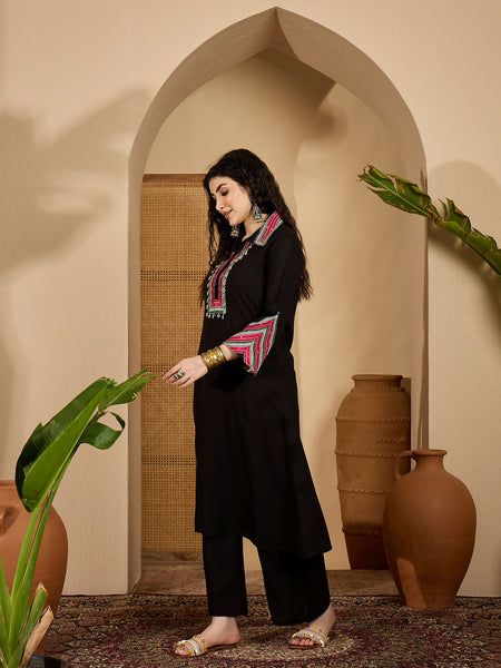 Stylum Women's Balck Solid & Embroidered Rayon A-Line Kurta Pant Set (KPBLACKIDAL)