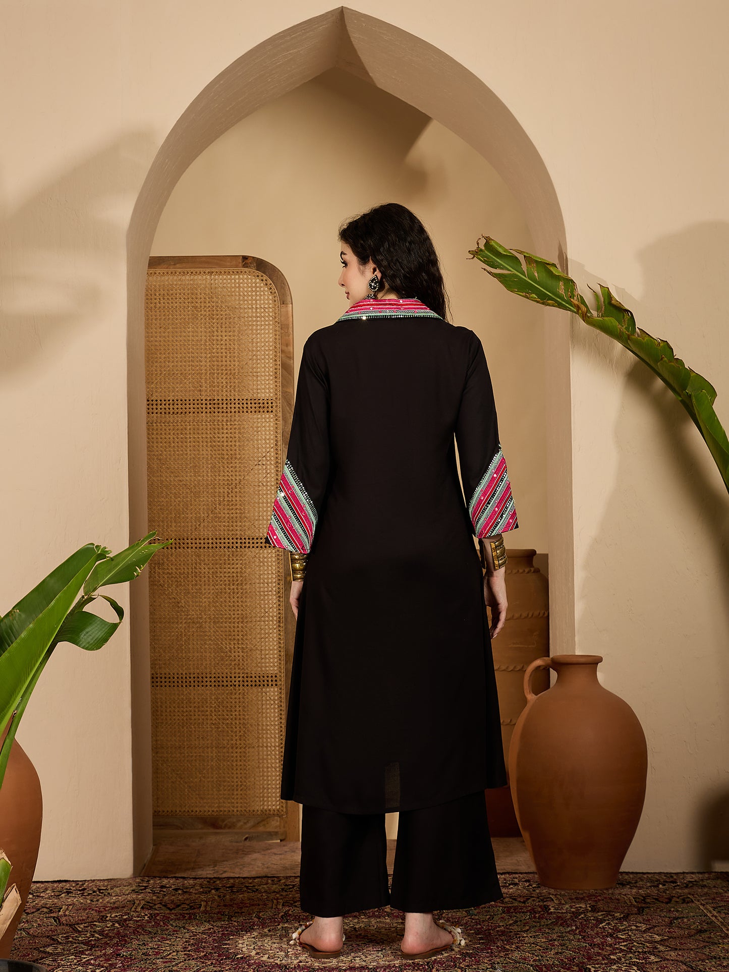 Stylum Women's Balck Solid & Embroidered Rayon A-Line Kurta Pant Set (KPBLACKIDAL)