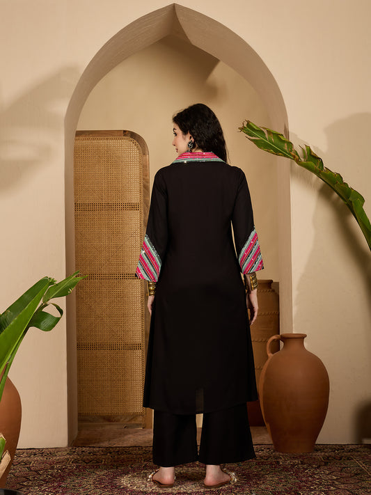 Stylum Women's Balck Solid & Embroidered Rayon A-Line Kurta Pant Set (KPBLACKIDAL)