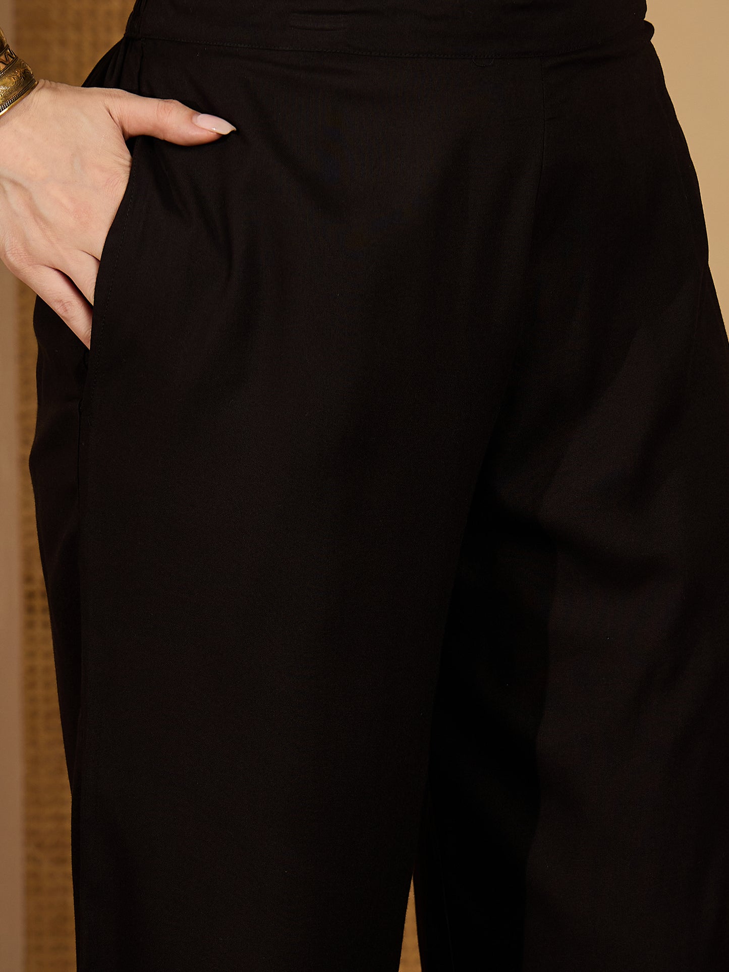 Stylum Women's Balck Solid & Embroidered Rayon A-Line Kurta Pant Set (KPBLACKIDAL)