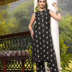 Stylum Women's Black Ikat Printed Cotton Blend Straight Kurta Pant Set (KPBLACKRONNY)