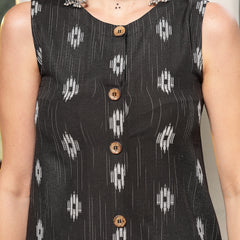 Stylum Women's Black Ikat Printed Cotton Blend Straight Kurta Pant Set (KPBLACKRONNY)