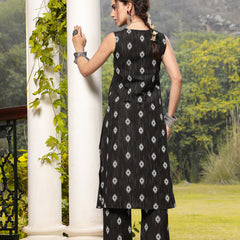 Stylum Women's Black Ikat Printed Cotton Blend Straight Kurta Pant Set (KPBLACKRONNY)