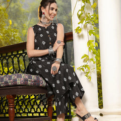 Stylum Women's Black Ikat Printed Cotton Blend Straight Kurta Pant Set (KPBLACKRONNY)