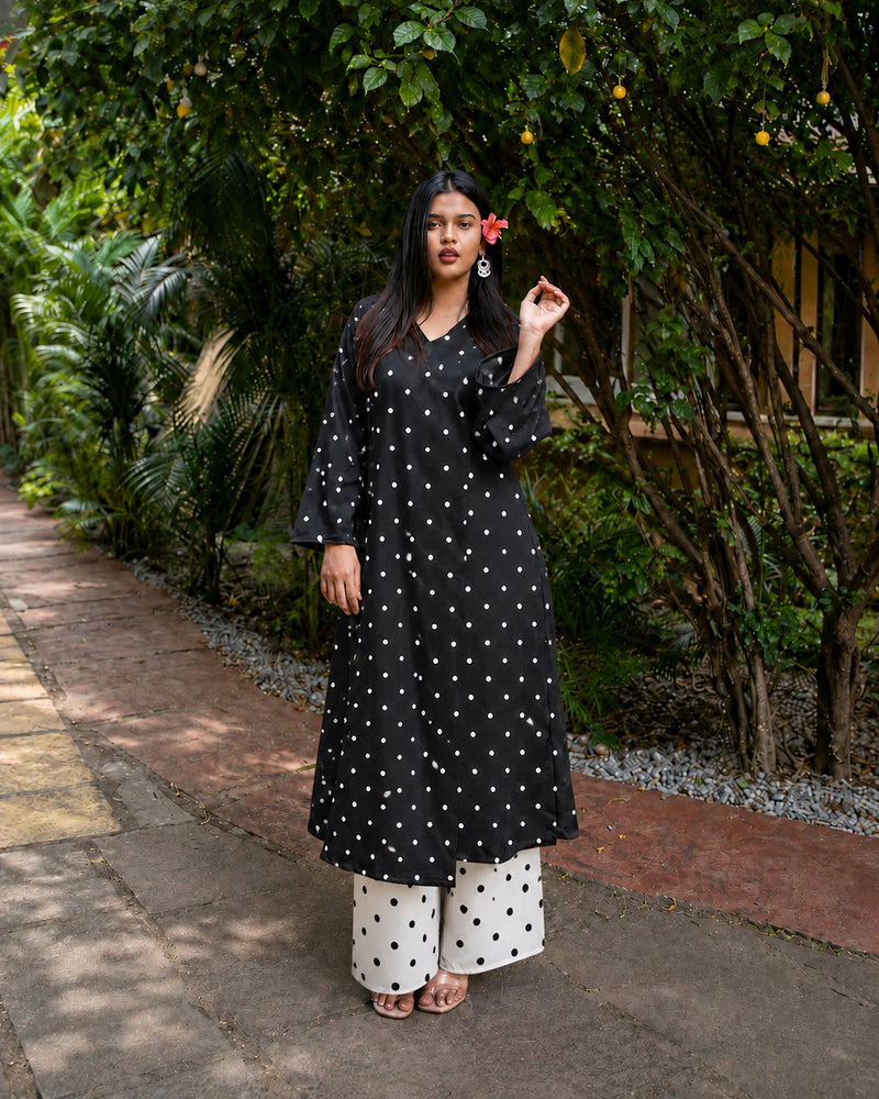 Stylum Women's Black Polka Dots Printed Rayon A-Line Kurta With Palazzo (KPBLACKRUBBER)