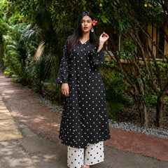 Stylum Women's Black Polka Dots Printed Rayon A-Line Kurta With Palazzo (KPBLACKRUBBER)