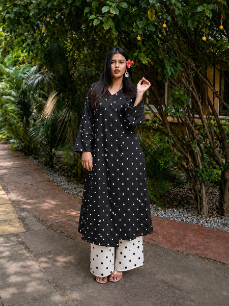 Stylum Women's Black Polka Dots Printed Rayon A-Line Kurta With Palazzo (KPBLACKRUBBER)