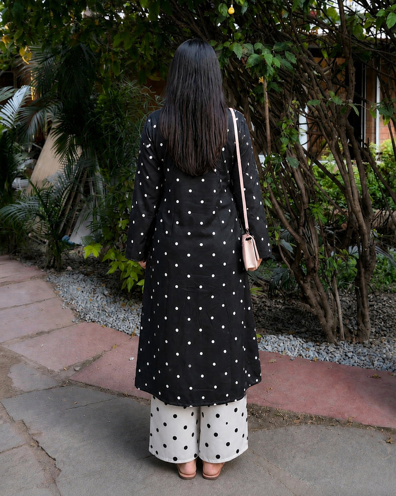 Stylum Women's Black Polka Dots Printed Rayon A-Line Kurta With Palazzo (KPBLACKRUBBER)