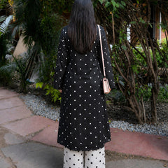 Stylum Women's Black Polka Dots Printed Rayon A-Line Kurta With Palazzo (KPBLACKRUBBER)