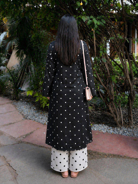 Stylum Women's Black Polka Dots Printed Rayon A-Line Kurta With Palazzo (KPBLACKRUBBER)