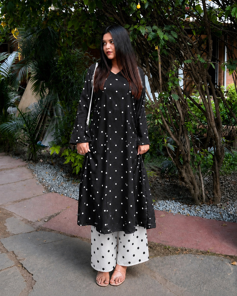 Stylum Women's Black Polka Dots Printed Rayon A-Line Kurta With Palazzo (KPBLACKRUBBER)