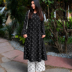 Stylum Women's Black Polka Dots Printed Rayon A-Line Kurta With Palazzo (KPBLACKRUBBER)