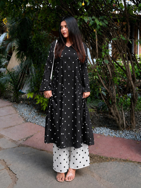 Stylum Women's Black Polka Dots Printed Rayon A-Line Kurta With Palazzo (KPBLACKRUBBER)
