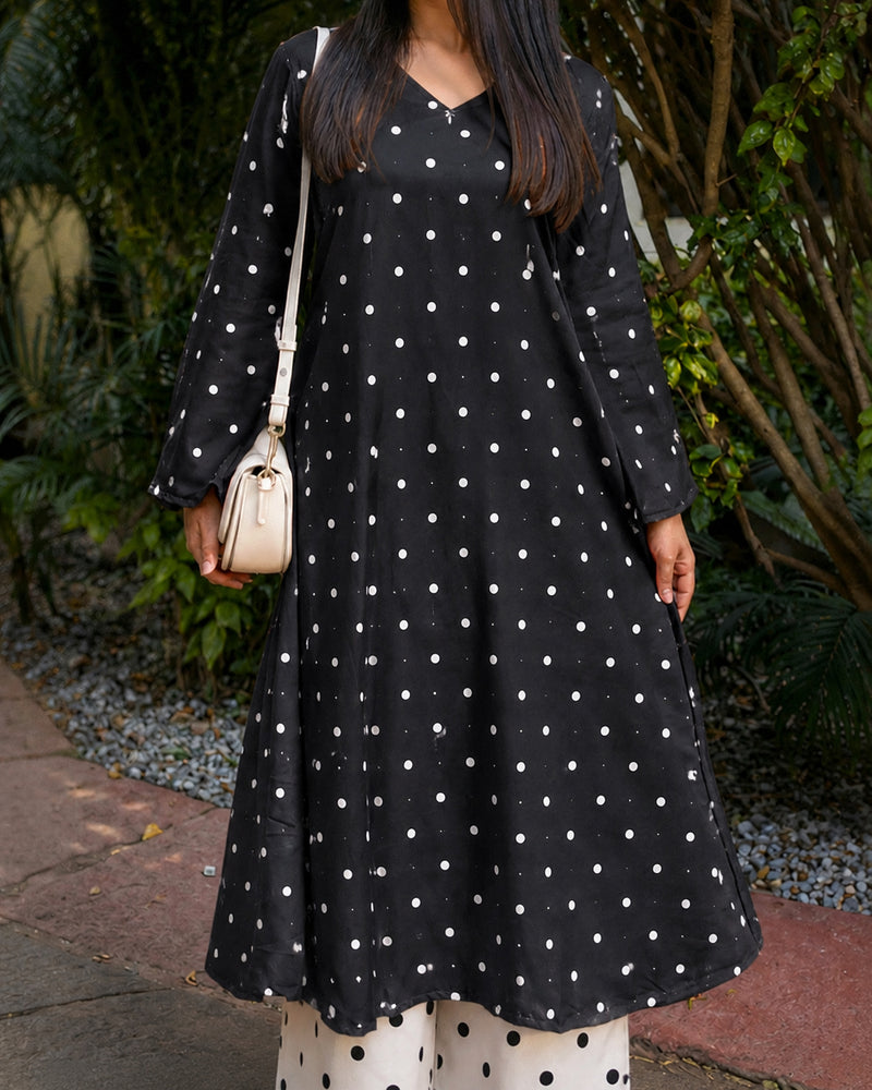 Stylum Women's Black Polka Dots Printed Rayon A-Line Kurta With Palazzo (KPBLACKRUBBER)