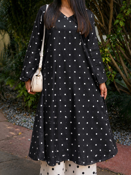 Stylum Women's Black Polka Dots Printed Rayon A-Line Kurta With Palazzo (KPBLACKRUBBER)