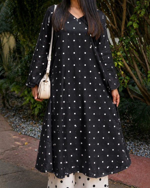 Stylum Women's Black Polka Dots Printed Rayon A-Line Kurta With Palazzo (KPBLACKRUBBER)