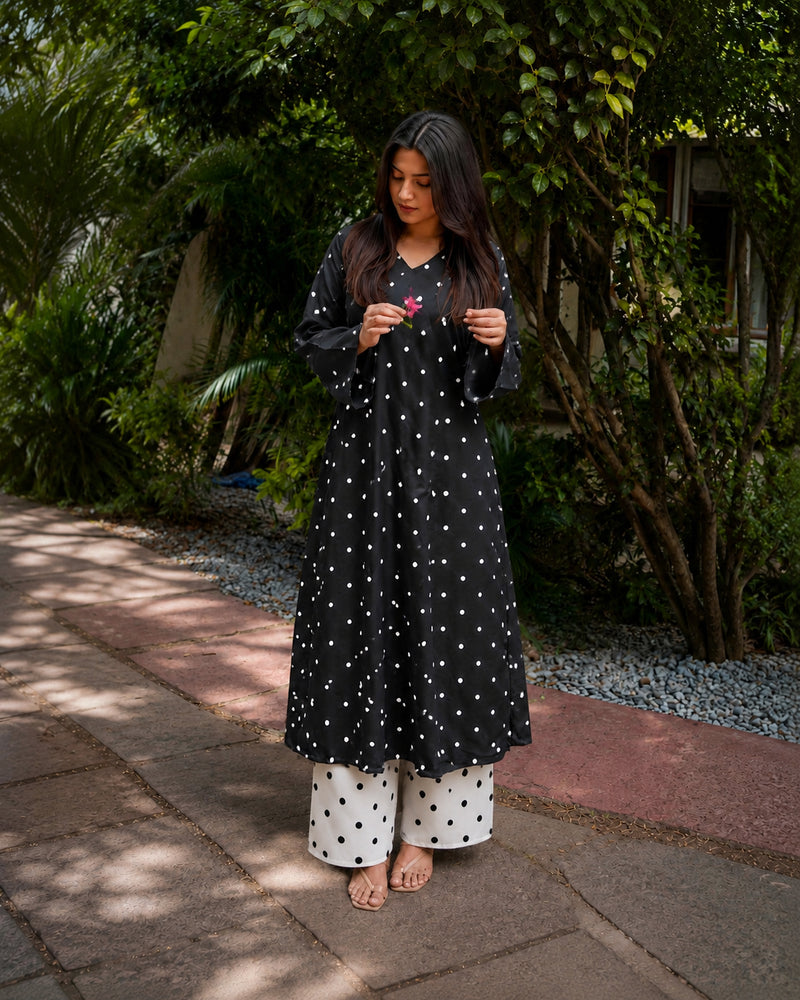 Stylum Women's Black Polka Dots Printed Rayon A-Line Kurta With Palazzo (KPBLACKRUBBER)