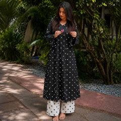 Stylum Women's Black Polka Dots Printed Rayon A-Line Kurta With Palazzo (KPBLACKRUBBER)