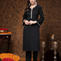 Stylum Women's Black Solid & Embroidered Italian Crepe Straight Kurta Pant Set (KPBLACKSANKARI)