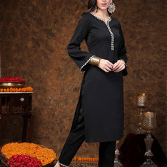 Stylum Women's Black Solid & Embroidered Italian Crepe Straight Kurta Pant Set (KPBLACKSANKARI)