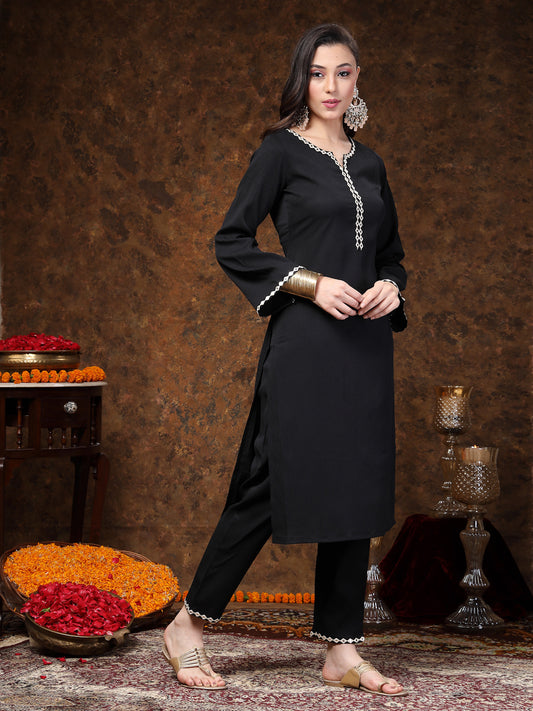 Stylum Women's Black Solid & Embroidered Italian Crepe Straight Kurta Pant Set (KPBLACKSANKARI)