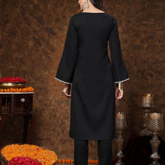 Stylum Women's Black Solid & Embroidered Italian Crepe Straight Kurta Pant Set (KPBLACKSANKARI)