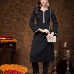 Stylum Women's Black Solid & Embroidered Italian Crepe Straight Kurta Pant Set (KPBLACKSANKARI)