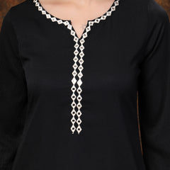 Stylum Women's Black Solid & Embroidered Italian Crepe Straight Kurta Pant Set (KPBLACKSANKARI)