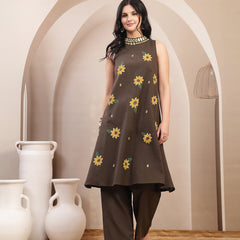 Stylum Women's Black Solid Hand Printed Mirror Work Cotton Flex A-Line Kurta Pant Set (KPBLACKSUN)