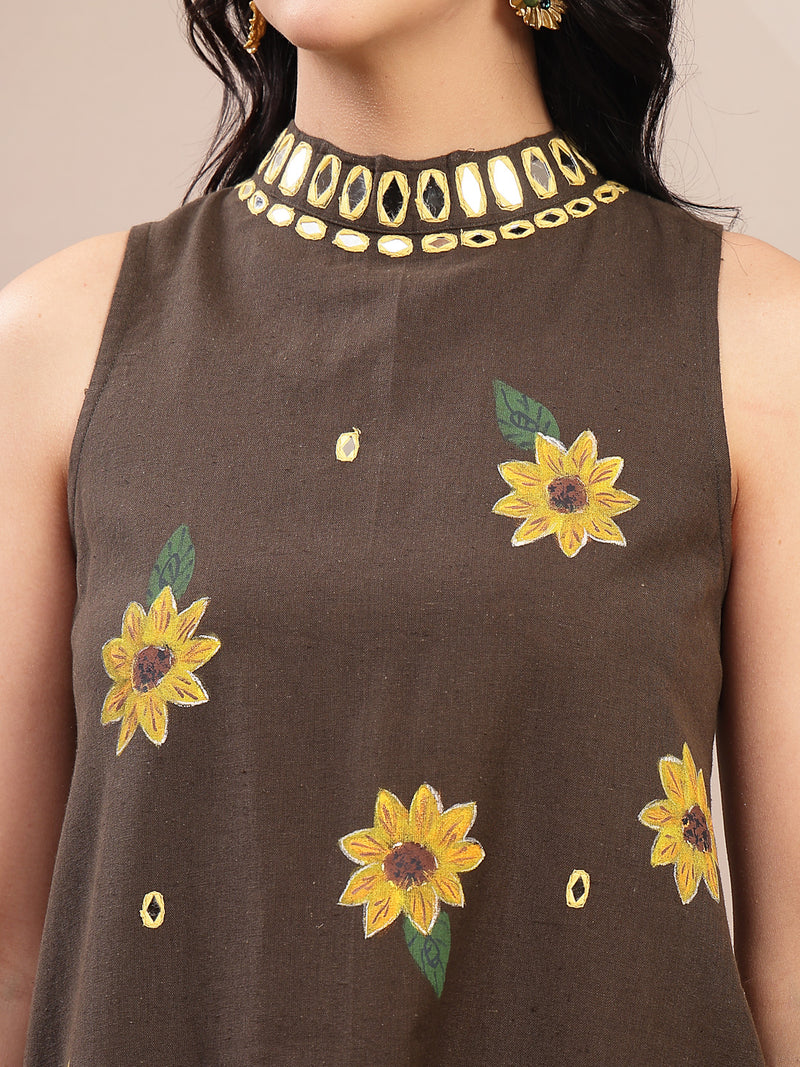 Stylum Women's Black Solid Hand Printed Mirror Work Cotton Flex A-Line Kurta Pant Set (KPBLACKSUN)