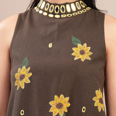 Stylum Women's Black Solid Hand Printed Mirror Work Cotton Flex A-Line Kurta Pant Set (KPBLACKSUN)