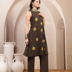 Stylum Women's Black Solid Hand Printed Mirror Work Cotton Flex A-Line Kurta Pant Set (KPBLACKSUN)