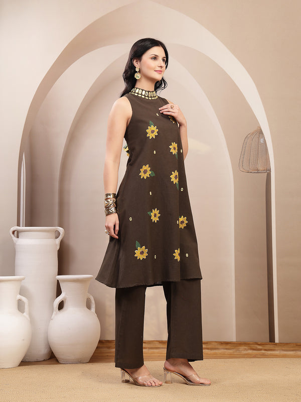 Stylum Women's Black Solid Hand Printed Mirror Work Cotton Flex A-Line Kurta Pant Set (KPBLACKSUN)