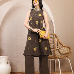 Stylum Women's Black Solid Hand Printed Mirror Work Cotton Flex A-Line Kurta Pant Set (KPBLACKSUN)