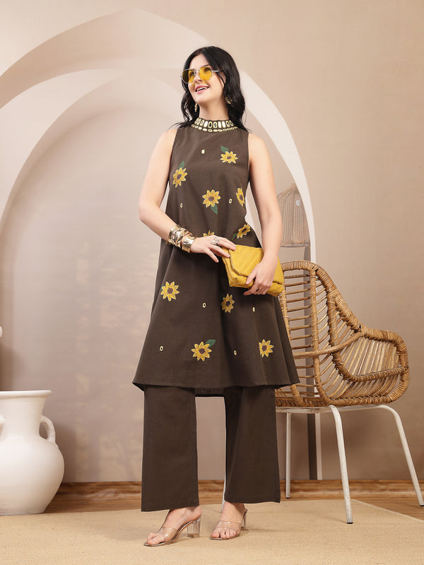 Stylum Women's Black Solid Hand Printed Mirror Work Cotton Flex A-Line Kurta Pant Set (KPBLACKSUN)