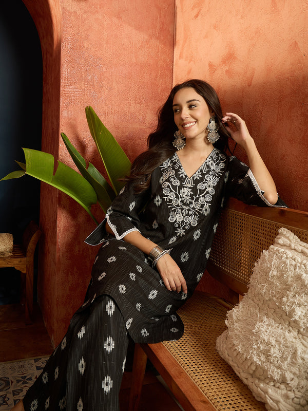 Stylum Women's Black Woven Design & Embroidered Cotton Straight Kurta Palazzo Set (KPBLACKTHANI)