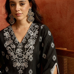 Stylum Women's Black Woven Design & Embroidered Cotton Straight Kurta Palazzo Set (KPBLACKTHANI)