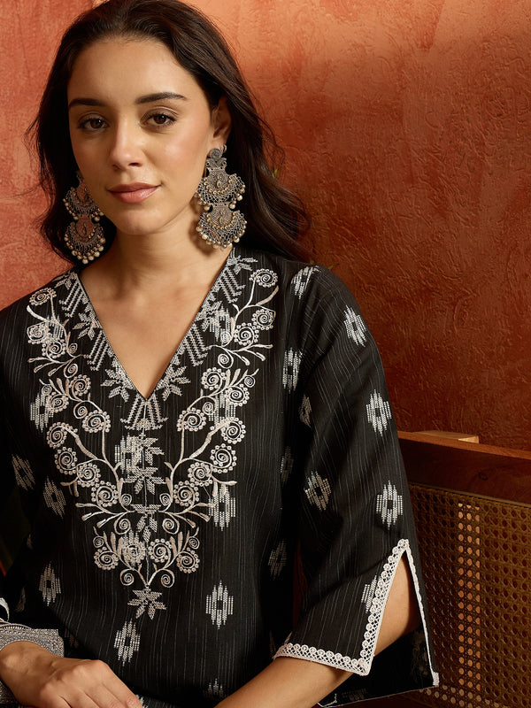 Stylum Women's Black Woven Design & Embroidered Cotton Straight Kurta Palazzo Set (KPBLACKTHANI)