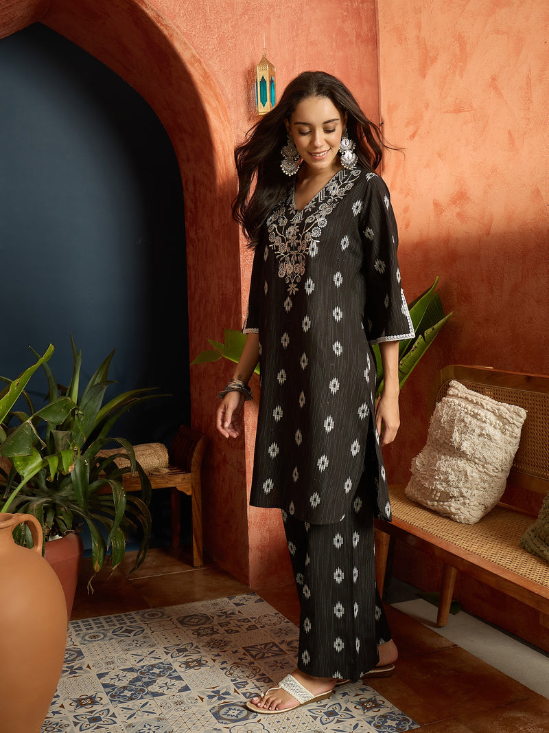 Stylum Women's Black Woven Design & Embroidered Cotton Straight Kurta Palazzo Set (KPBLACKTHANI)
